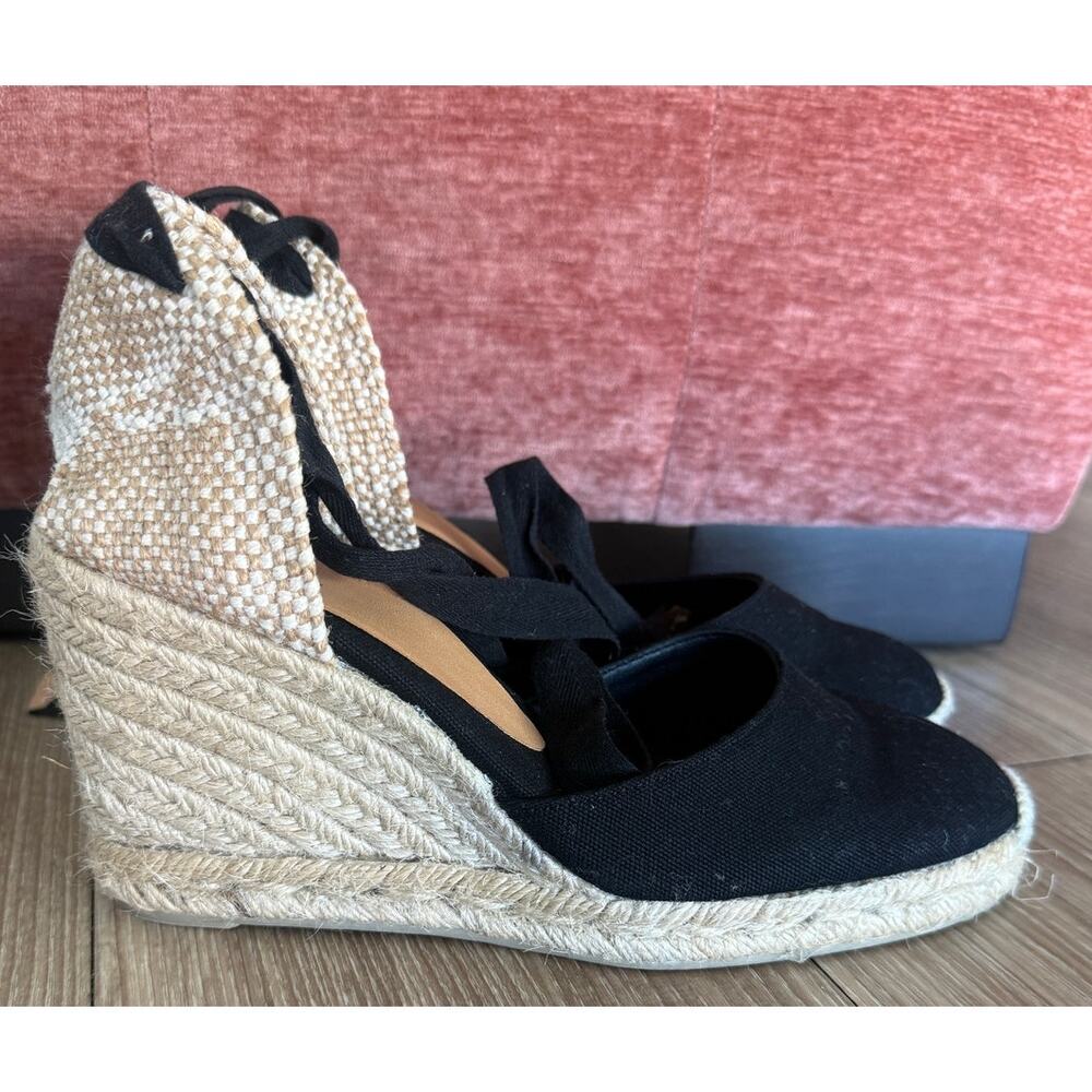 Castañer Carina Black Canvas Wedge Espadrilles Lace Up Shoes Women's  US 7